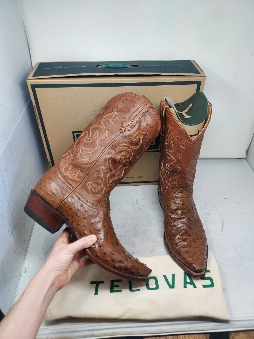 Tecovas The Garrett Full Quill Brown Peanut Ostrich Cowboy Boot